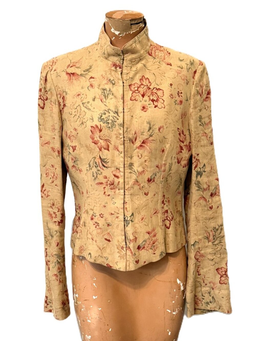 Ralph Lauren Womens Jacket Coat 100% Linen 10 Black Label Tan Floral Romantic